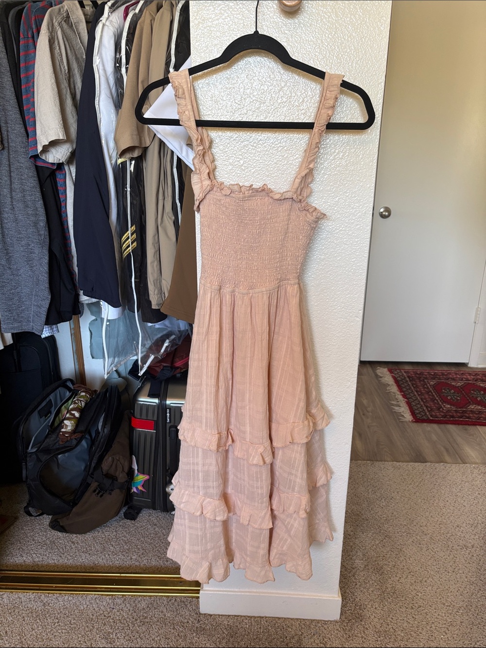 Peach Ruffle-Tier Maxi Dress with Smocked Bodice